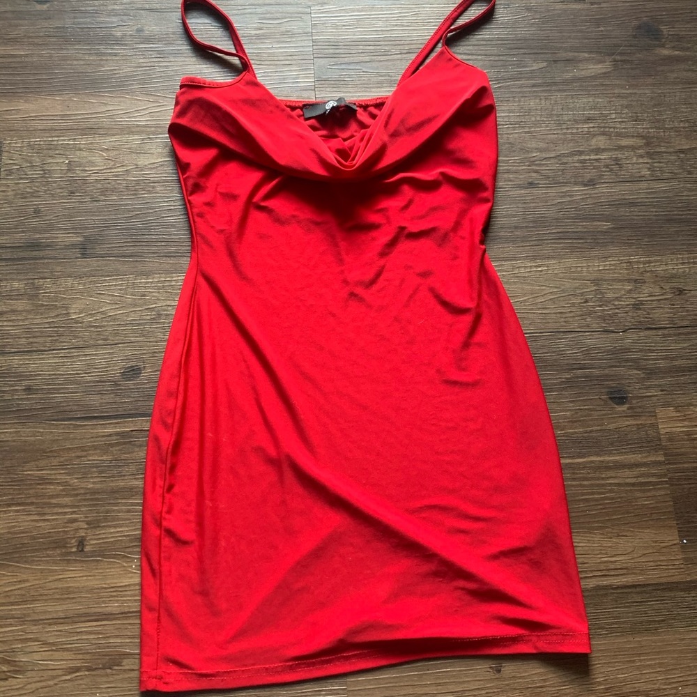 Red cowl neck mini dress